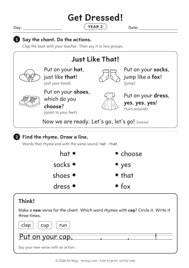 Page 1 of the Year 2 Get Dressed! Lesson 4 worksheet