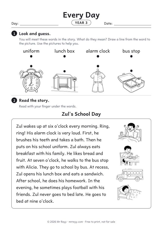 Page 1 of the Year 3 Every Day Lesson 2 worksheet