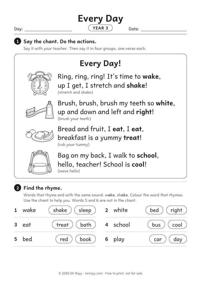 Page 1 of the Year 3 Every Day Lesson 4 worksheet